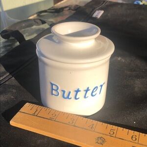 White Butter Crock with Blue Lettering
